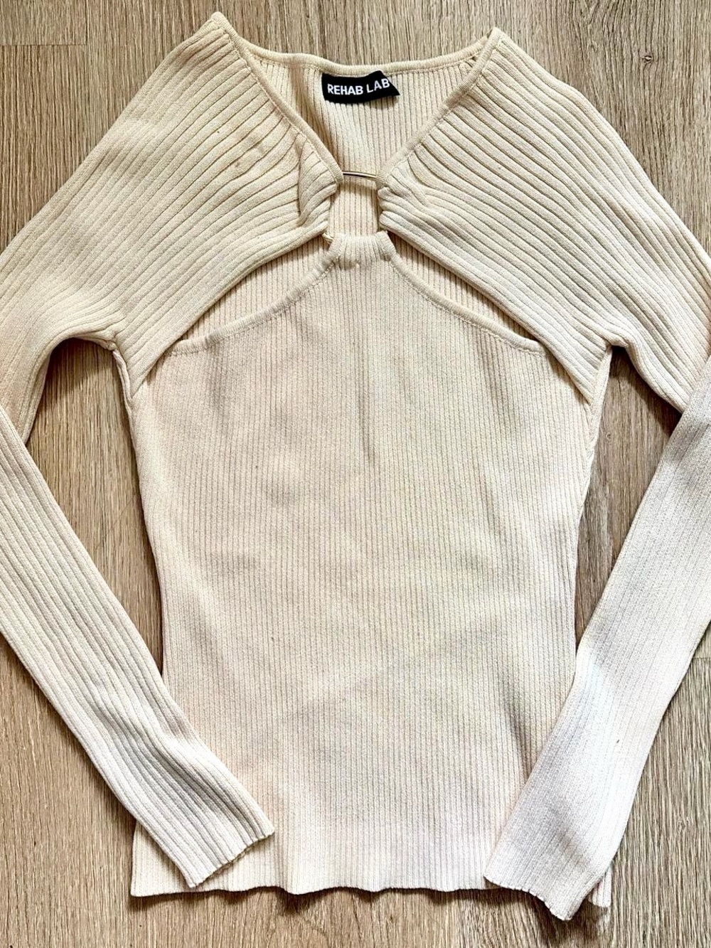 Cream Ribbed Long Sleeve Cut Out Sweater